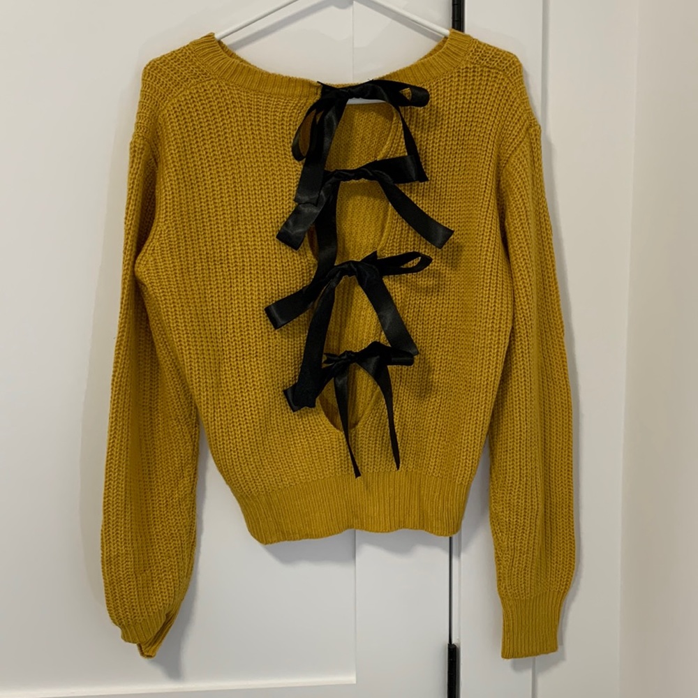 Mustard Yellow Knit Sweater with Black Ribbon Bows Size S